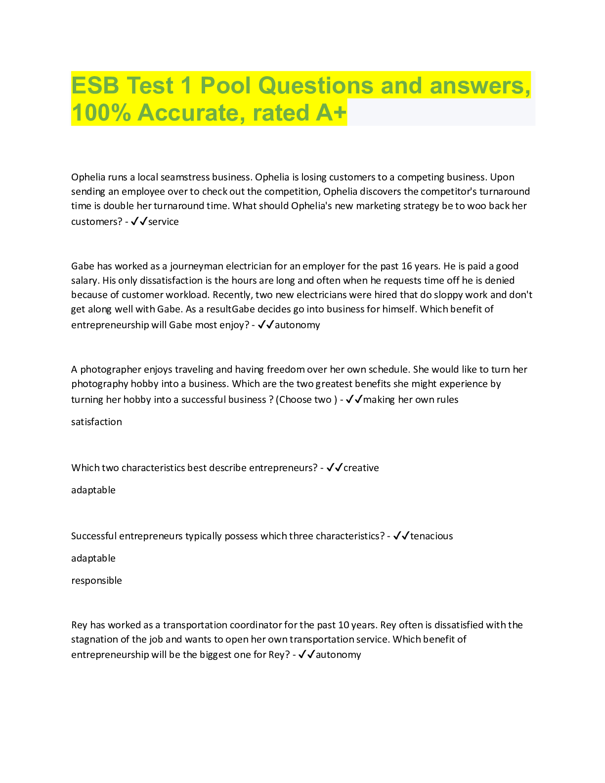 Preview image for ESB Test 1 Pool Questions and answers,  100% Accurate, rated A+
